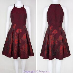 NEW White House Black Market Red Floral-Jacquard Fit-And-Flare Dress , 8‎